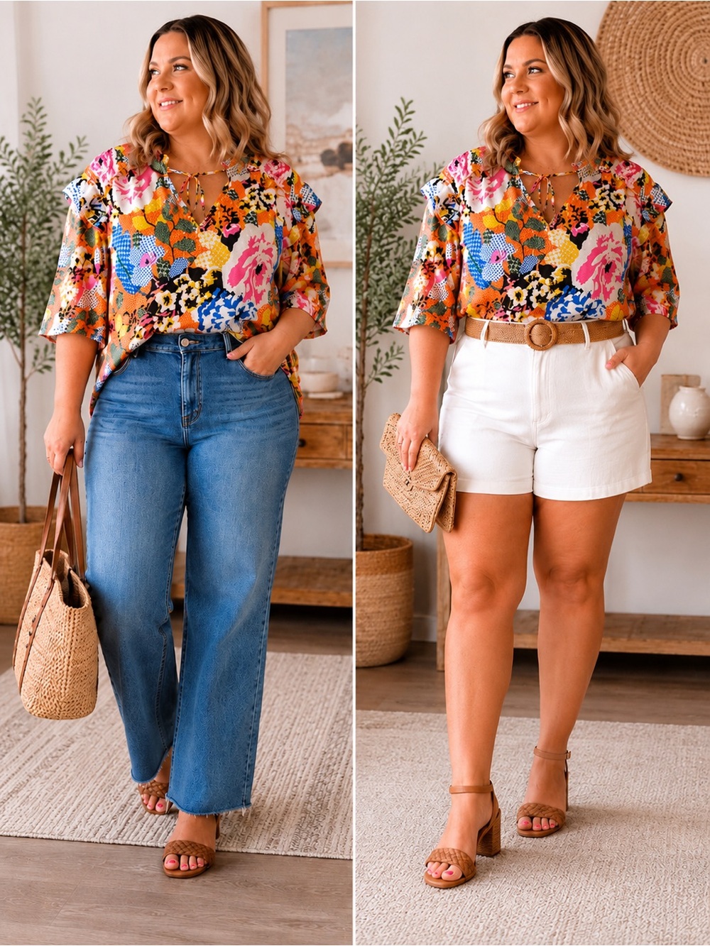 entro Multicolor Floral V-Neck Flutter Sleeve Blouse